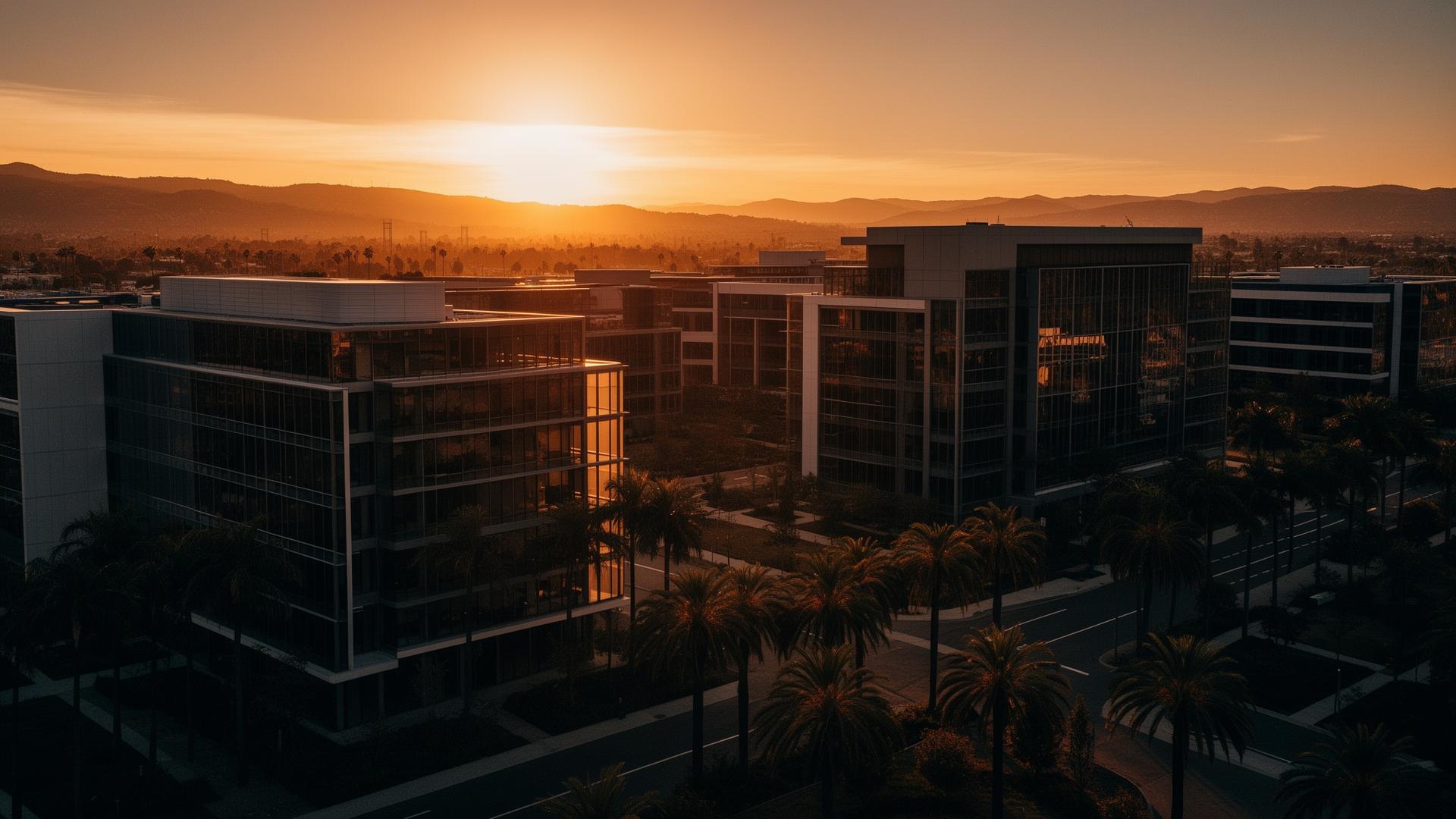 Silicon Valley tech campus at sunset
